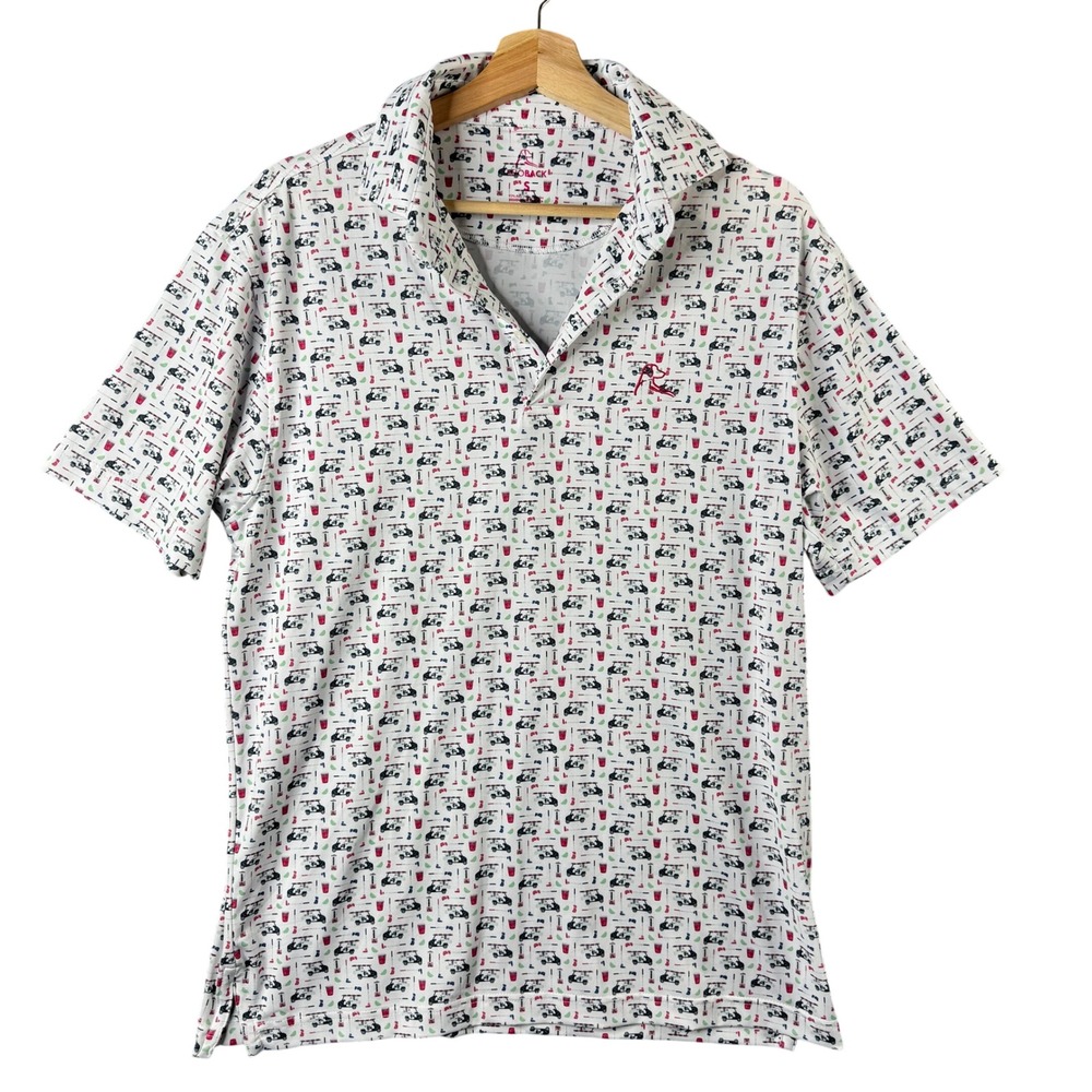 Rhoback Mens Small White Golf Cart Cocktail Print Performance Polo Shirt - Picture 2 of 9